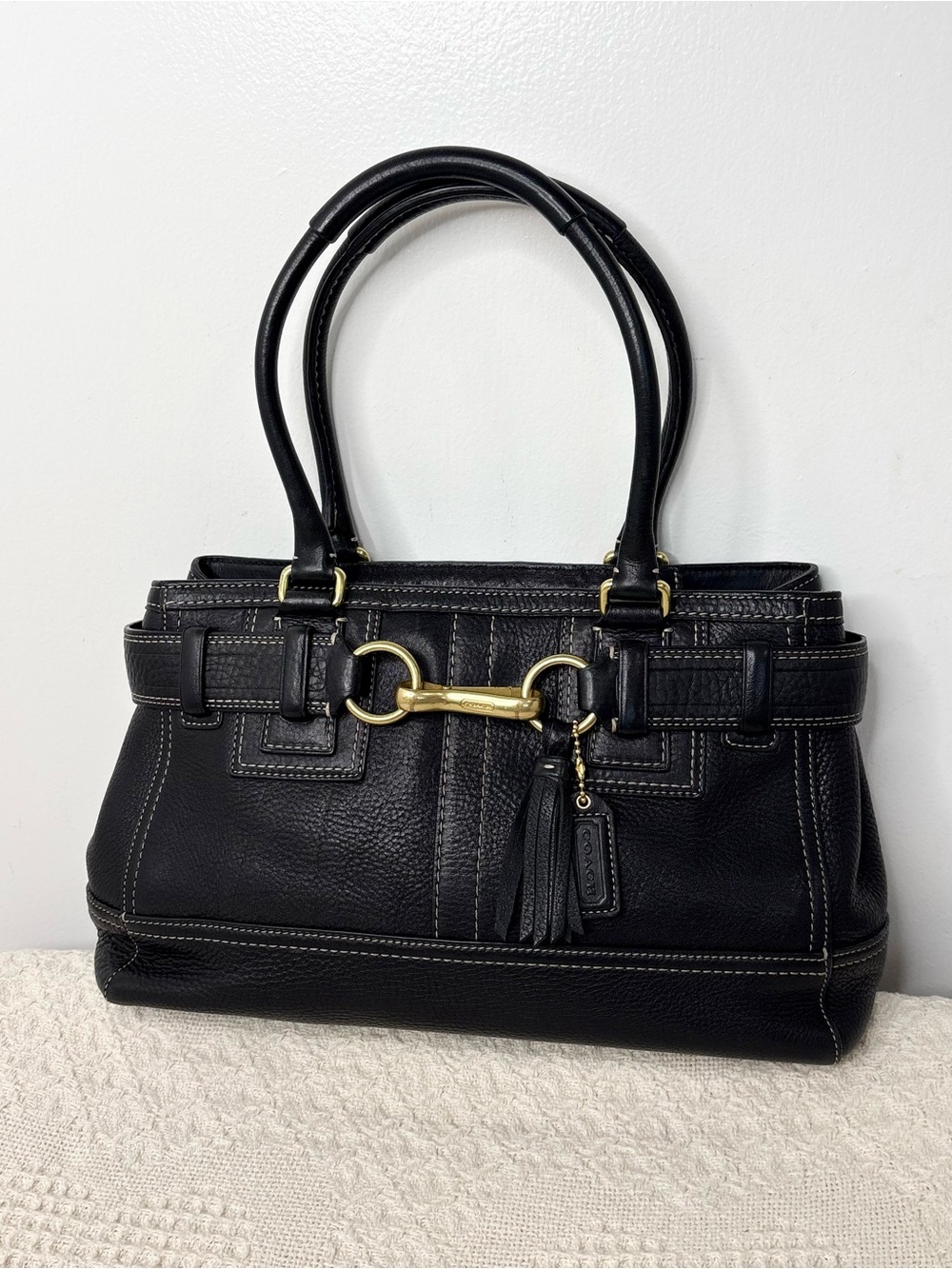 Y2K Vintage Coach Hamptons Medium Carryall 10212 Black Pebble Leather Tote Bag